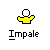 Yellow cartoon figure with white head and black eyes, holding a brown rectangular object, red splatter effects, and text labels below.