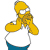 Yellow cartoon character with large nose and mouth, wearing blue pants, holding a white object with gray outline.