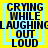 Four identical display text "CRYING WHILE LAUGHING OUT LOUD" in dark blue pixelated font on light blue background with yellow border