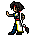 Pixel art character in blue, white, and yellow outfit performing multiple martial arts poses with a sword, black hair with red streaks, gray background.
