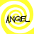 Four identical display the word ANGEL in black pixelated text over yellow and white spiral backgrounds, arranged in a