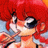 Pixelated anime-style character with bright red hair and large dark eyes, wearing a black top with blue accents, positioned next to black background with white text.