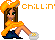 Pixel art of a girl in orange outfit and hat with green eyes, seated on gray background; text changes from 'CHILLIN' to 'ChillIn'