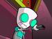 Pixelated cartoon-style icon featuring a white and teal character with large circular eyes against a dark purple background, with colorful striped patterns in the upper portion.