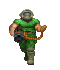 Pixelated character in green armor with helmet and orange chain, holding black weapon, in four walking poses on gray background.