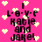 Pixelated text on a bright pink background with scattered light yellow hearts, reading "I L-O-V-E Katie and Jake!" in black block letters.
