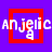 Pixelated text 'Anjelic' appears in white over layered red and purple squares with a gray background section.