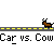 Pixelated animation showing a brown cow and blue car on yellow dashed road, with sequential explosion effects transitioning to colored map shapes.