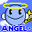 A static contact sheet of a 4x3 grid showing repeated frames from an animated icon featuring a smiling blue angel character with yellow halo, white wings, and golden staff against a blue sky background with clouds.