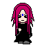 Pixel art character with pink hair and black clothing in multiple poses, some with speech bubbles containing Chinese characters.