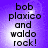Purple background with pixelated text reading 'bob plaxico and waldo rock!' in four identical arranged in a