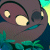 Pixelated icon of a dark brown creature with three glowing eyes and a teal mouth against a blue-green background.