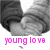 Animated sequence showing two hands clasped in a sleeve, with one hand extending a finger in the final frame, overlaid with pink text reading 'young love'.