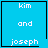 Four identical blue square with white text 'kim and joseph' and black borders, each has a distinct small symbol in the bottom-right corner
