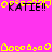 Pixelated text "KATIE!!" in black with yellow outlines on a bright pink background, surrounded by scattered yellow pixel shapes.
