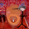 A static image shows a brown toilet with a closed lid, a small bottle in the bowl, and a stick figure with a round head standing to the right against a red patterned background.