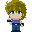 Pixel art character with spiky brown hair, blue eyes, purple sleeveless top, blue pants, and dark blue shoes in three distinct poses.