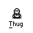 A 3x3 contact sheet of seven pixel art frames showing a cartoon character labeled "Thug" in various poses and clothing states, with the bottom-left frame displaying an animated effect.