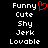 Pixelated text list with 'Funny' at top left featuring a red heart symbol, followed by 'Cute', 'Shy', 'Jerk', and 'Lovable' in white on black background.