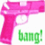 Two pixelated handgun icons in pink and green with "bang!" text below each, displayed side-by-side on a white background.