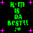 Green pixelated text "K·M IS DA BEST!!" with pink stars and heart symbols on black background, animated with shifting star positions.