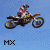 Pixelated motocross rider on yellow bike against blue background with 'MX' text below, showing animation frames where the motorcycle's front wheel rotates clockwise.
