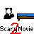 Pixelated animation of a figure in black attire with white face, interacting with green blob and blue-brown bed, text overlays include 'Scary Movie' and 'haha' in red and white.