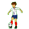 Animated pixel art of a female soccer player in white jersey, blue shorts, red socks kicking a black-and-white ball on gray background.