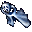 Pixelated blue and white figure with skeletal face, crossed arms, and flowing limbs in two poses against gray background.