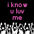 Pixelated text in pink reads "i know u luv me" above a grayscale crowd of raised hands on black background.
