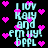 Pixelated cyan text reading "I lov Katy and em my! bPPL" surrounded by pink hearts on a black background, with visible animation changes between frames.