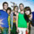Four group photos of people in various outdoor settings with different clothing and poses, displayed in a
