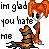 Pixelated static image featuring a cartoon character with orange hair and black eyes holding a microphone, accompanied by text reading "im gbd you hate me" in blocky font on white background.