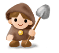 Pixelated character in brown hooded robe holding silver shovel, standing on white base with subtle shadow.