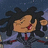 Pixelated cartoon character with dark hair and red mouth, wearing gray outfit against blue background.