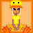 Pixel art icon of a character with blonde hair wearing a yellow helmet and shirt, standing on flames against an orange background within a pixelated border.
