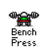 Pixel art animation of a weightlifter bench pressing with visible frame-to-frame motion differences across four sampled frames in a contact sheet layout.
