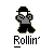 Pixelated character in gray shirt and black pants with white face, wearing black hat, performing rolling motion