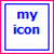A 2x2 contact sheet of four animated frames showing text-based buddy icons with blue and pink borders, each frame containing distinct phrases in pixelated fonts.