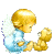 Pixelated angel icon with teddy bear on gray background and green text logo on dark green background