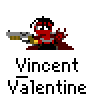 A 4-frame animated contact sheet of a pixel art character named Vincent Valentine holding a large gun with visible muzzle flashes across frames.