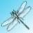 Pixelated dragonfly with translucent wings and dark green body against light blue gradient background.