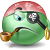 Green spherical character with red cap, black eyepatch over right eye, blue left eye, brown pipe in mouth, gold earrings, and downturned mouth on gray background.