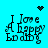 Pixelated text "I Love A Happy Ending" on cyan background with animated heart and starburst effects.