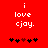 Red background with white text reading 'i love cjoy.' and a of five pixelated hearts below, where the third heart is brown and the others are black