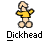 Pixelated static icon of a stick figure with exaggerated genitalia wearing a yellow shirt and shorts, positioned above the text "Dickhead" on a gray background.