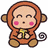 Pixelated monkey in orange hooded outfit holding yellow object, pink background with white text fragments and heart symbols.