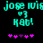 Pixelated teal text 'jose ivis' and 'Kab!' with a checkmark symbol, above pink plus signs on black background.