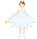 A cartoon character in a white dress with a large bow, holding a wand that emits yellow stars and circles, shown in multiple poses against a gray background.