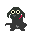 Pixelated black dog-like figure with yellow eyes and red cheek mark in various poses including standing, dancing, and bowing against gray background.
